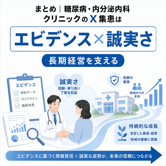 エビデンスに基づく情報発信と誠実な対応が、地域の信頼とクリニックの長期経営を支えることを示したまとめイラスト