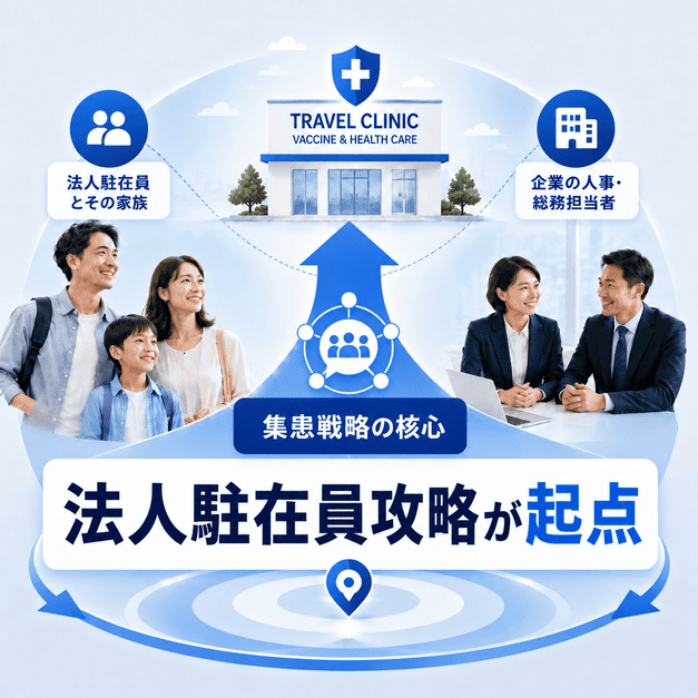 トラベルクリニックのFacebook集患が法人駐在員市場の攻略から始まることをまとめた図解
