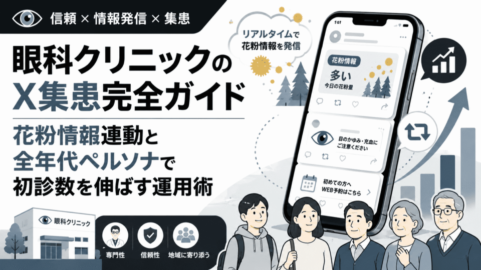 眼科クリニックがX運用で花粉情報発信や全年代への情報提供を行い、初診数向上を目指すイメージ