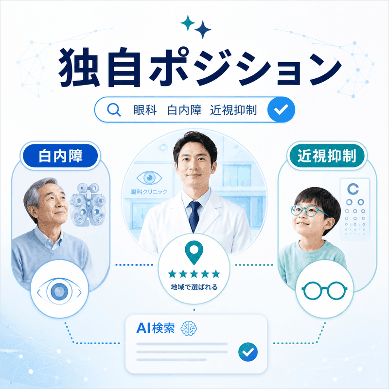 眼科クリニックが白内障と近視抑制の二軸でAI検索に推薦される独自ポジションを示した図