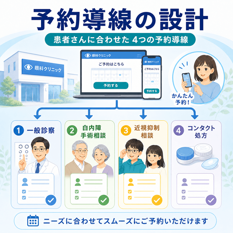 眼科クリニックの予約導線を一般診察・白内障手術相談・近視抑制相談・コンタクト処方に分けた図
