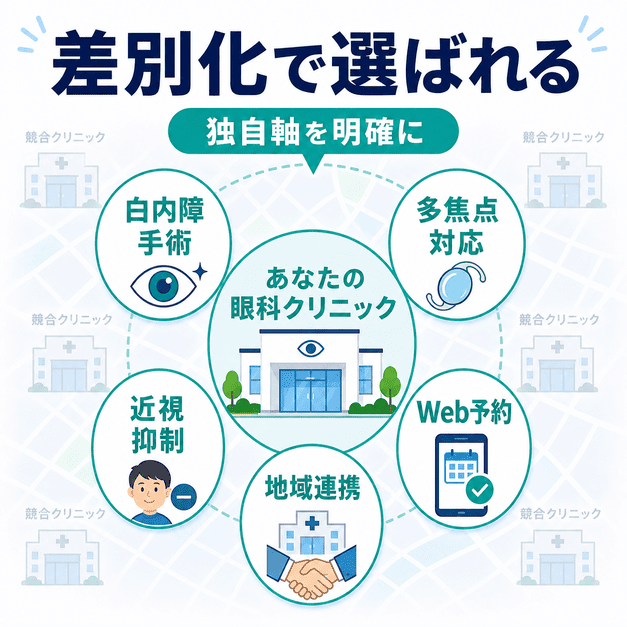 競合眼科との差別化として白内障手術、多焦点対応、近視抑制、Web予約、地域連携を打ち出す図