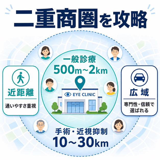 眼科クリニックの近距離商圏と広域商圏を、一般診療と手術・近視抑制に分けて示した図