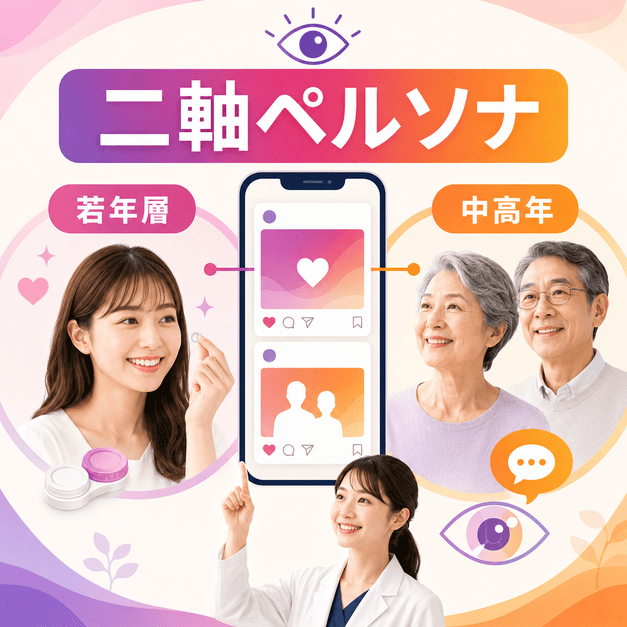 眼科クリニックのInstagram運用で重要な若年層と中高年の二軸ペルソナを、スマートフォンと患者層で表現したイラスト