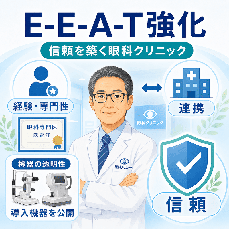 眼科クリニックのE-E-A-T強化として医師の専門性・連携病院・機器公開・信頼性を示した図