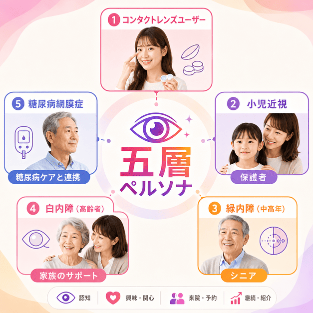 コンタクトレンズ、小児近視、緑内障、白内障、糖尿病網膜症の五層ペルソナを整理した眼科Instagram運用のイラスト