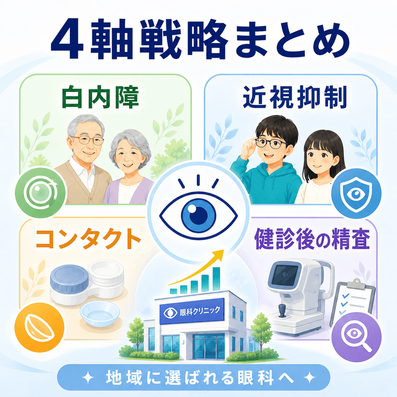 白内障・近視抑制・コンタクト・健診後の精査を4軸で整理した眼科SEO戦略の補足図