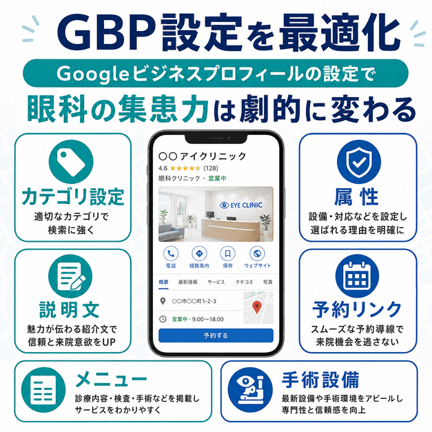 眼科クリニックのGoogleビジネスプロフィールで設定すべきカテゴリ、説明文、属性、予約リンク、メニュー、手術設備を示した図