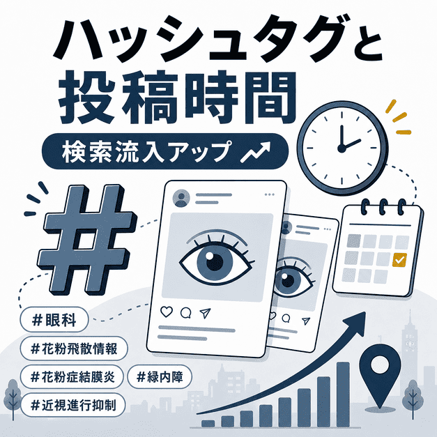 眼科関連のハッシュタグと投稿時間を組み合わせて検索流入を高める戦略を表したイラスト