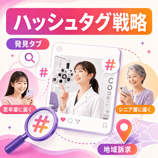 ハッシュタグ、発見タブ、地域訴求によって若年層とシニア層へ眼科情報を届けるイラスト