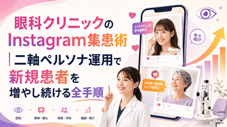 眼科クリニックのInstagram集患術をテーマに、若年層と中高年の二軸ペルソナ、スマートフォン、眼科医、成長グラフを配置したイメージ