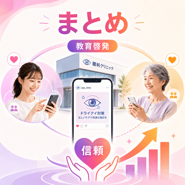 眼科クリニックのInstagram運用を二軸ペルソナへの教育啓発と信頼構築でまとめたイラスト