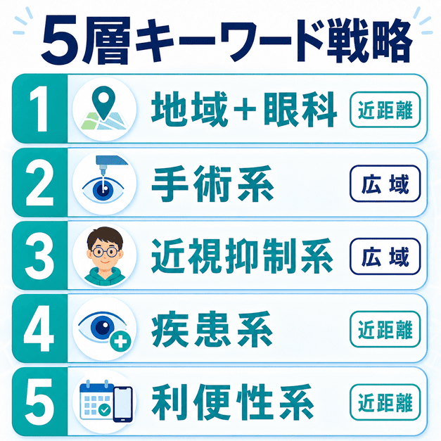 眼科クリニックのMEOキーワードを地域名、手術、近視抑制、疾患、利便性の5層で整理した図