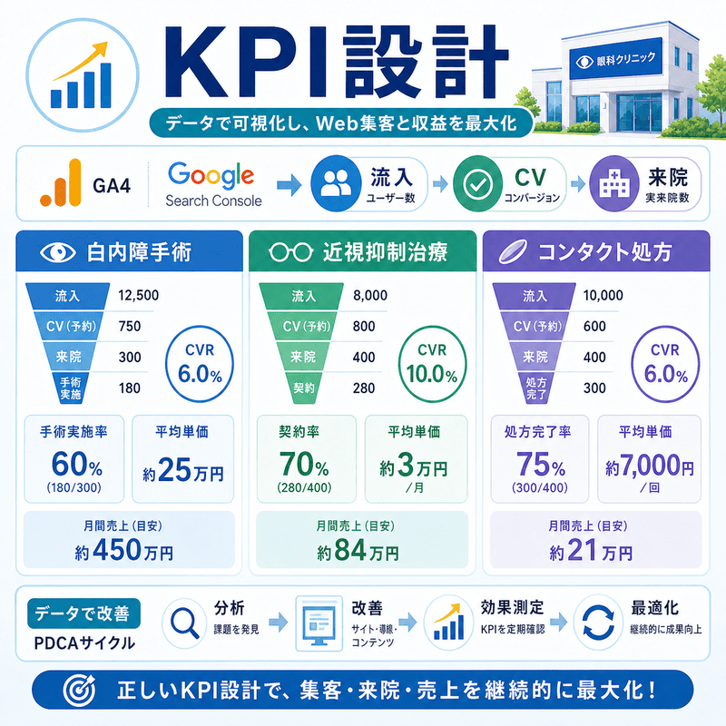 眼科クリニックのWeb集患を流入・CV・来院・売上のKPIで可視化したダッシュボード図