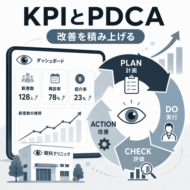 眼科クリニックのX運用成果をKPIダッシュボードとPDCAで改善していくイラスト