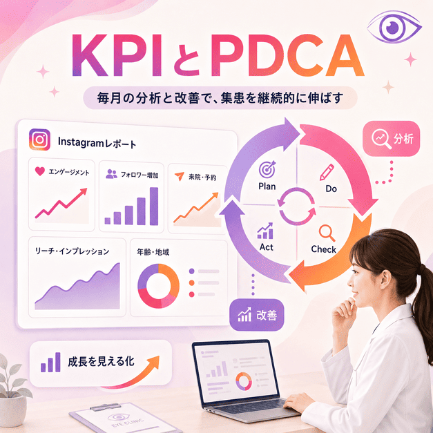 眼科Instagram運用のKPI分析とPDCAサイクルを、ダッシュボードや改善グラフで表現したイラスト