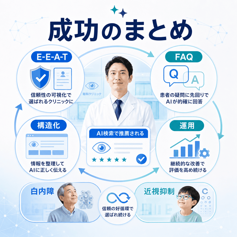 E-E-A-T・FAQ・構造化データ・運用改善による眼科LLMO成功サイクルを示した総まとめ図