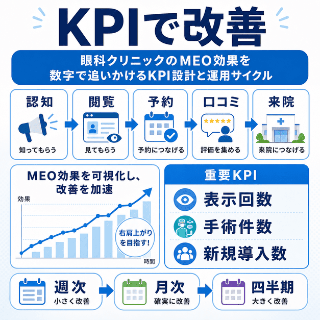 眼科クリニックのMEO効果を認知、閲覧、予約、口コミ、来院の流れとKPIで改善する図