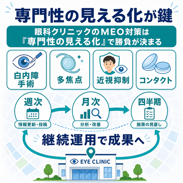 眼科クリニックのMEO対策で白内障手術、多焦点、近視抑制、コンタクトを見える化し継続運用する流れを示した図