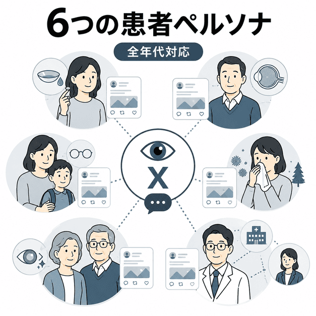 コンタクト処方層や緑内障層、小児近視層など眼科の6つの患者ペルソナを整理したイラスト