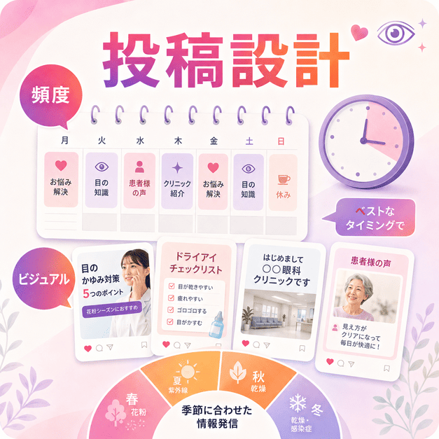眼科Instagramの投稿頻度、投稿タイミング、ビジュアル設計をカレンダーと投稿カードで表したイラスト