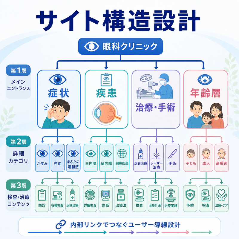 眼科サイトの構造を症状・疾患・治療手術・年齢層の4軸と3階層で整理した図