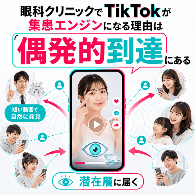 眼科クリニックのショート動画がFor You Pageを通じて潜在患者へ偶発的に届く仕組みを示したイラスト