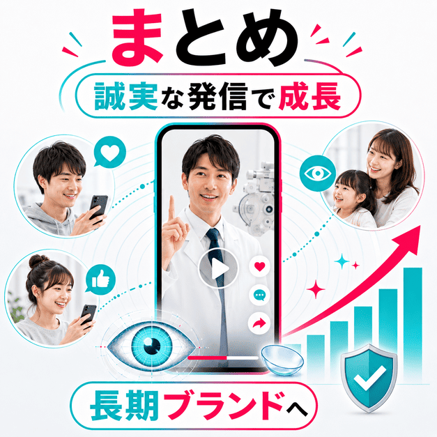 誠実な眼科情報の発信と若年層への偶発的到達によって長期ブランドを築くまとめ用イラスト