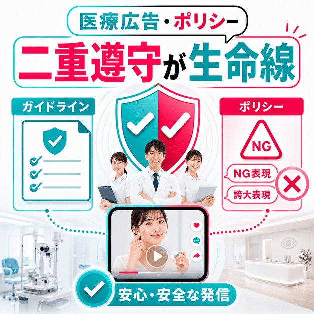 医療広告ガイドラインとTikTok独自ポリシーを二重に守りながら安全に発信する眼科クリニックのイラスト