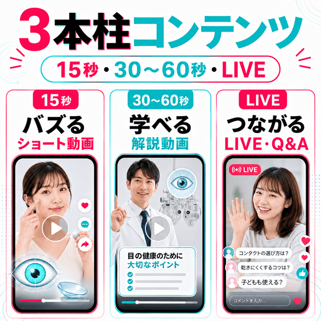 15秒動画、30〜60秒の解説動画、LIVE配信の3本柱で眼科TikTokコンテンツを設計する様子を示したイラスト