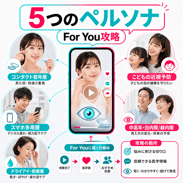 眼科TikTokで狙うカラコン層、小児近視の母親層、スマホ多用層など5つのペルソナを示したイラスト