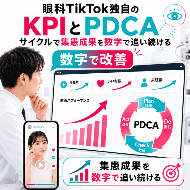眼科TikTok運用のKPIを確認し、PDCAサイクルで集患成果を数字で改善する様子を示したイラスト