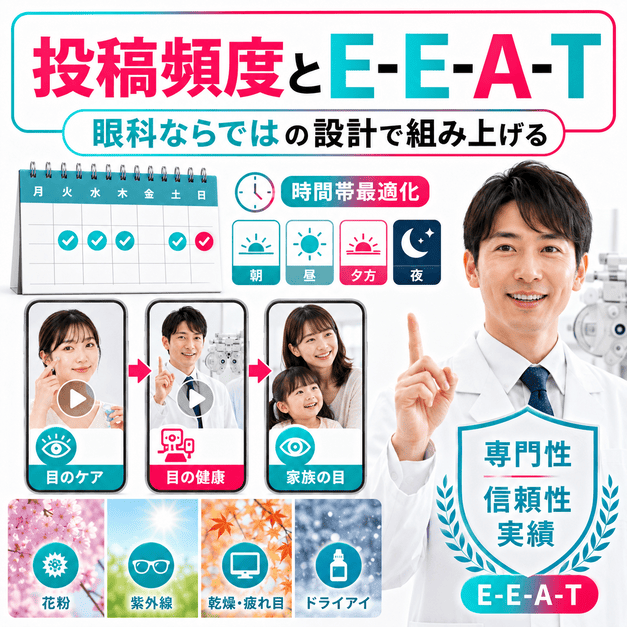 投稿頻度、配信タイミング、E-E-A-T訴求を眼科ならではの運用設計として組み上げるイラスト