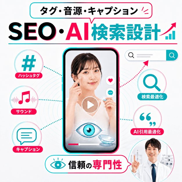 ハッシュタグ、サウンド、キャプションを活用してSEOとAI検索引用に強い眼科TikTok投稿を設計するイラスト