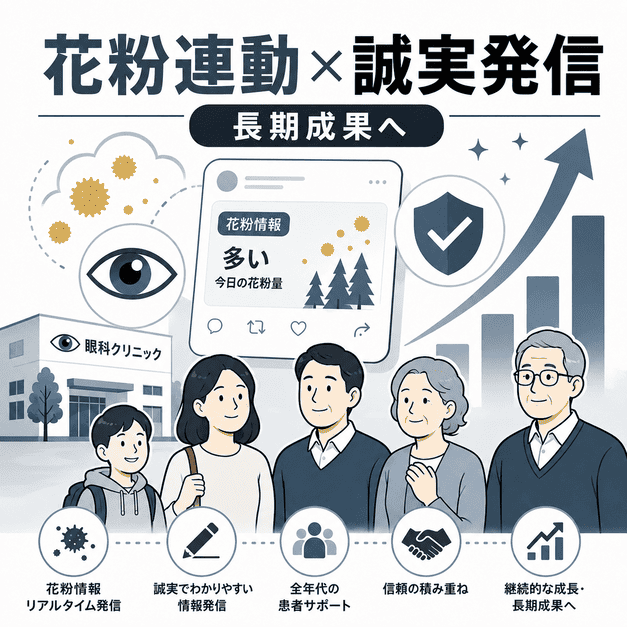 花粉情報連動と誠実な発信により眼科クリニックの信頼と長期的な集患成果につながるイラスト