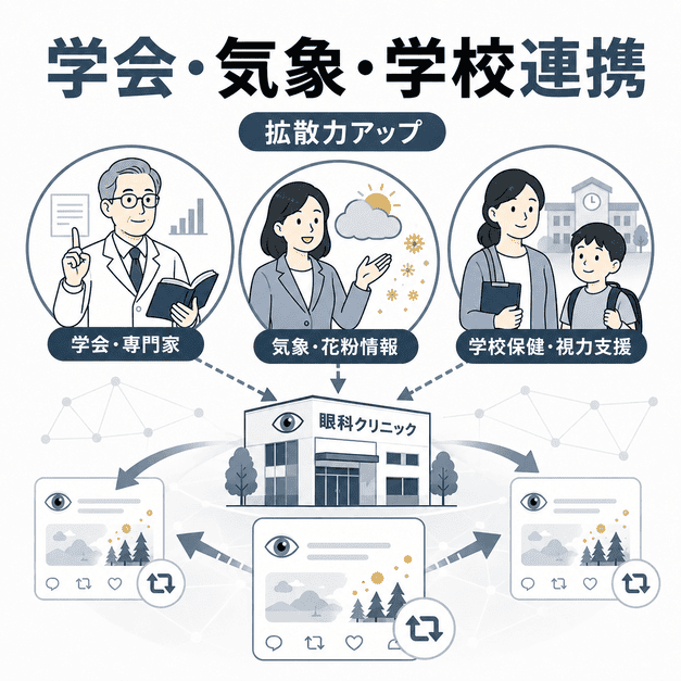 学会、気象情報、学校保健ネットワークが眼科クリニックの情報発信と拡散力を支えるイラスト