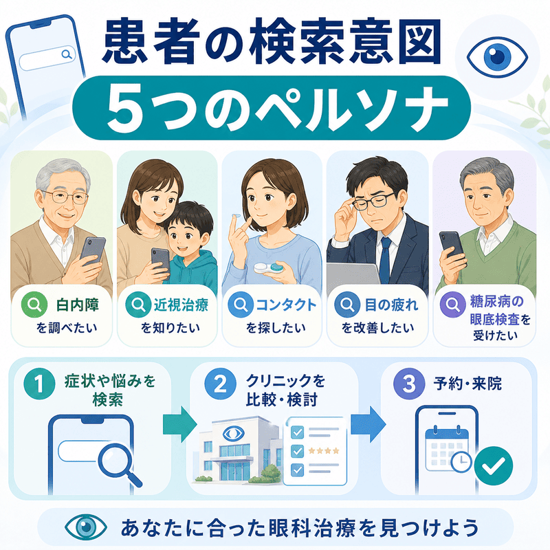 白内障・近視治療・コンタクト・目の疲れ・糖尿病眼底検査の検索意図を5つのペルソナで示した図
