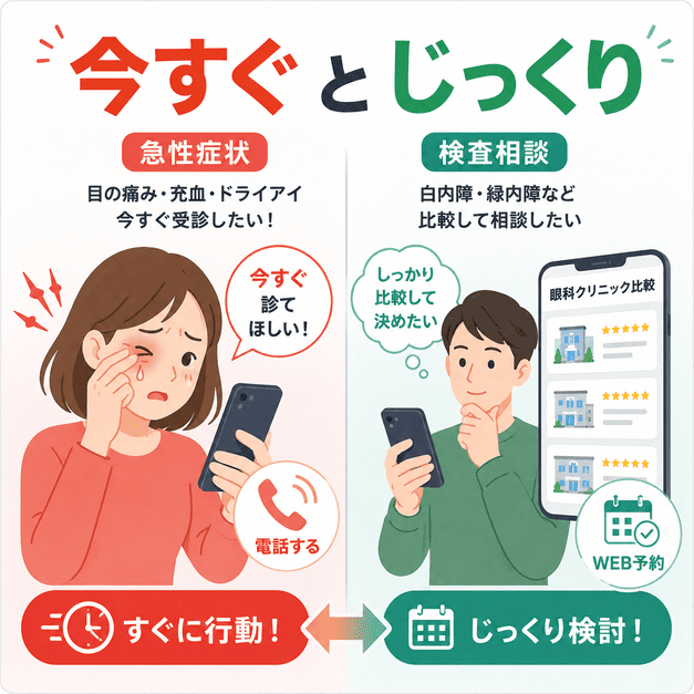 目の痛みや充血で今すぐ受診したい患者と、白内障や緑内障をじっくり比較したい患者の違いを示したイラスト