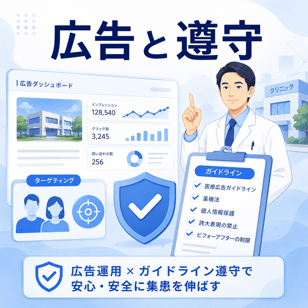 Facebook広告運用と医療広告ガイドライン遵守を、広告ダッシュボードとチェックリストで表したイラスト