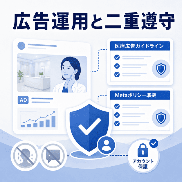 美容外科のFacebook広告運用で医療広告ガイドラインとMetaポリシーを二重遵守しアカウントを守る図解