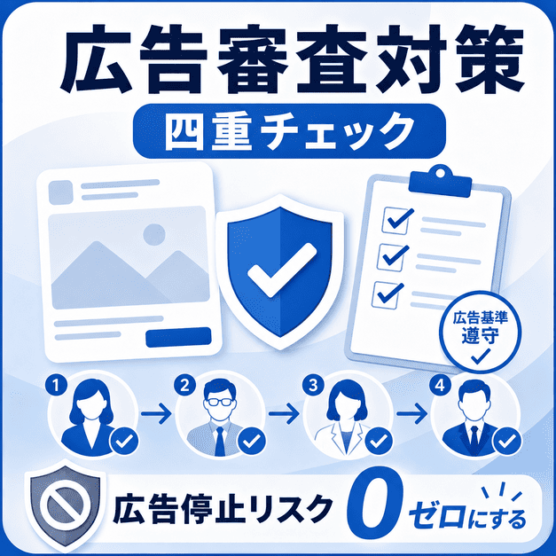 美容皮膚科のFacebook広告で医療広告ガイドラインと四重チェックにより広告停止リスクを防ぐイラスト