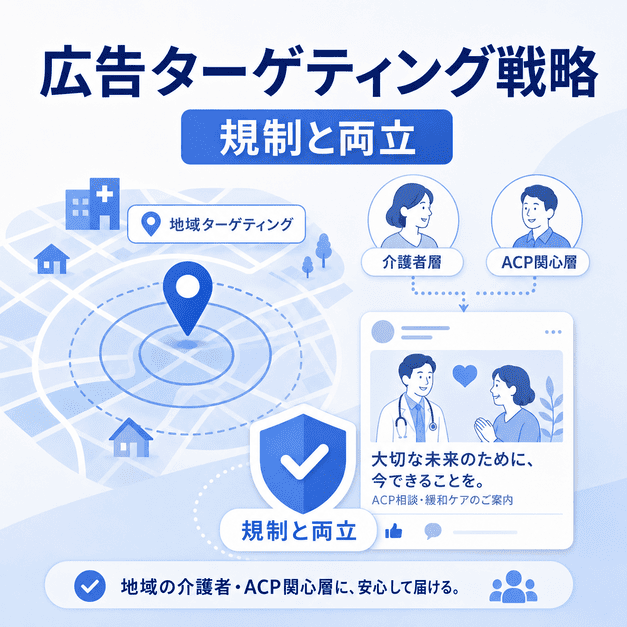 緩和ケアクリニックのFacebook広告で地域ターゲティングとMeta規制対応を両立する様子を表したイラスト