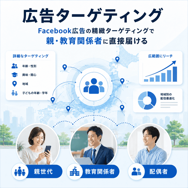 Facebook広告で親世代、教育関係者、配偶者に精緻にターゲティング配信するイメージ