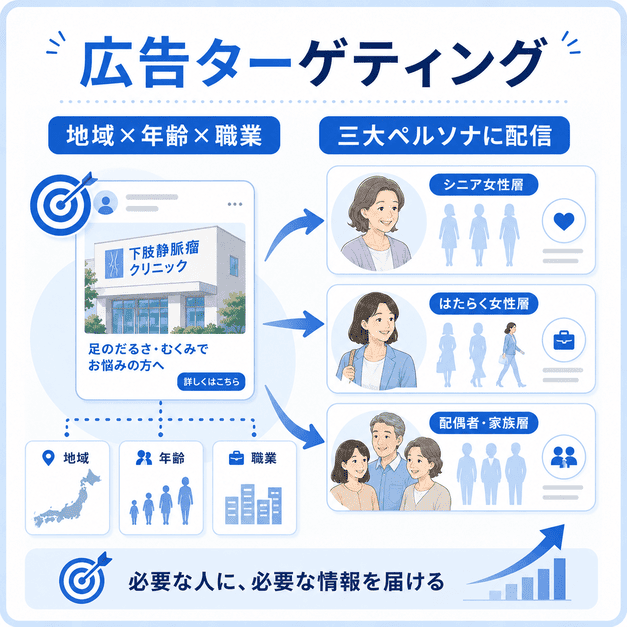 Facebook広告で地域、年齢、職業を掛け合わせて三大ペルソナへ配信する様子を示したイラスト