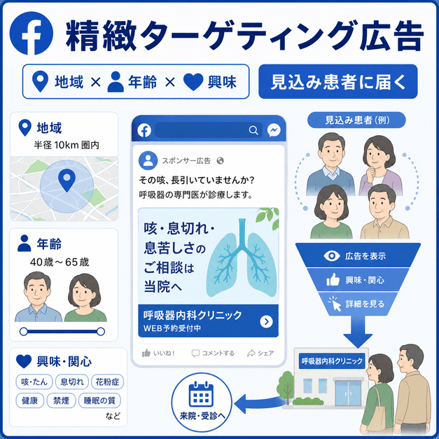 地域・年齢・興味関心で呼吸器内科の見込み患者に広告を届ける精緻ターゲティングのイラスト