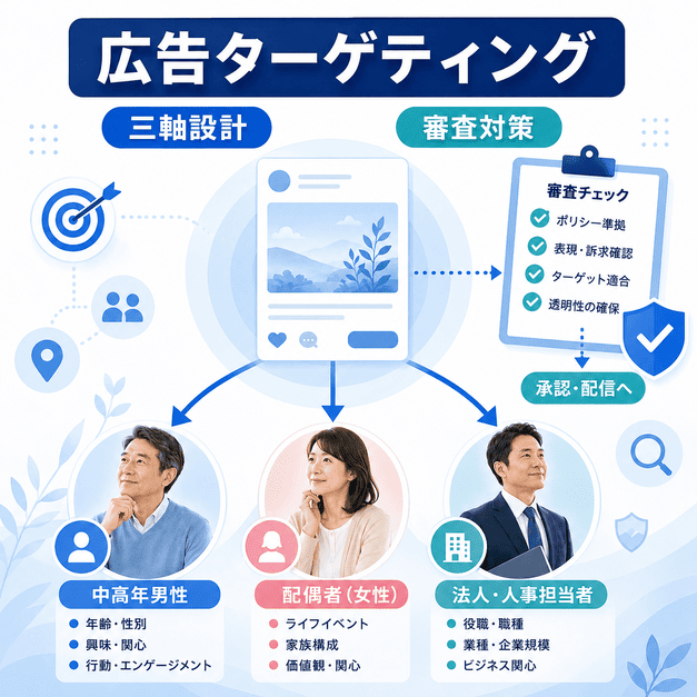 中高年男性、配偶者、法人担当者への三軸ターゲティングと広告審査対策を示した図解