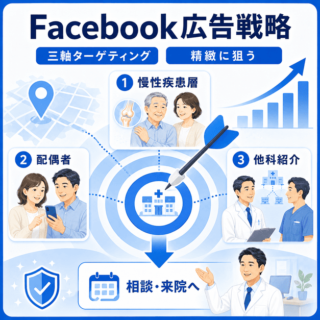 慢性疾患層、配偶者、他科紹介層を三軸ターゲティングで狙うFacebook広告戦略を示したイラスト