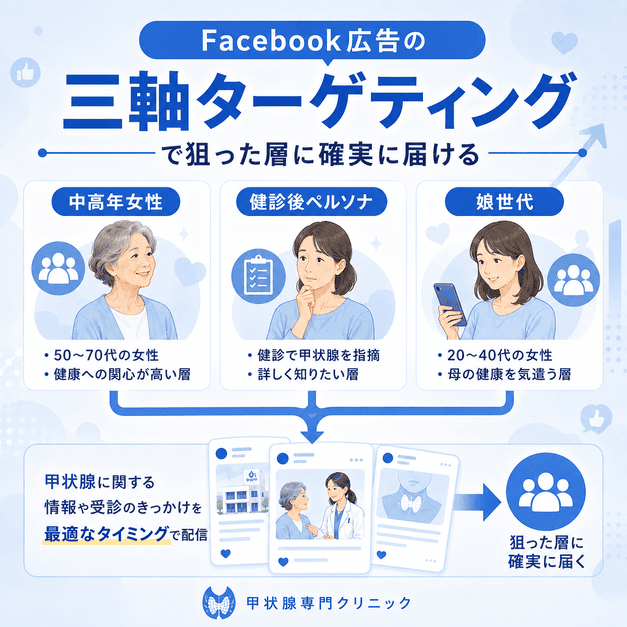 甲状腺専門クリニックのFacebook広告で中高年女性、健診後ペルソナ、娘世代に分けて配信する三軸ターゲティングのイラスト