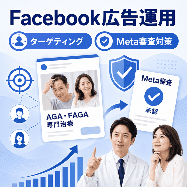 AGA・FAGA治療のFacebook広告で、ターゲティングとMeta審査対策を行う広告運用イラスト