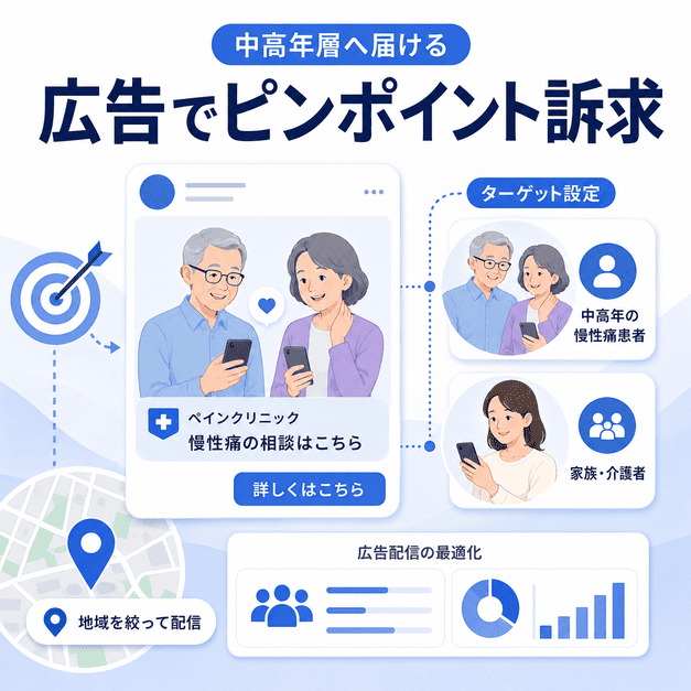 Facebook広告で中高年の慢性痛患者と家族介護者へ地域や属性を絞って情報を届ける様子を表したイラスト
